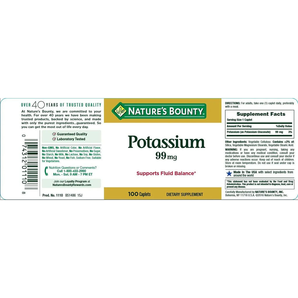 Nature's Bounty Potassium 99 mg Caplets 100's - Easy Pharmacy LLC