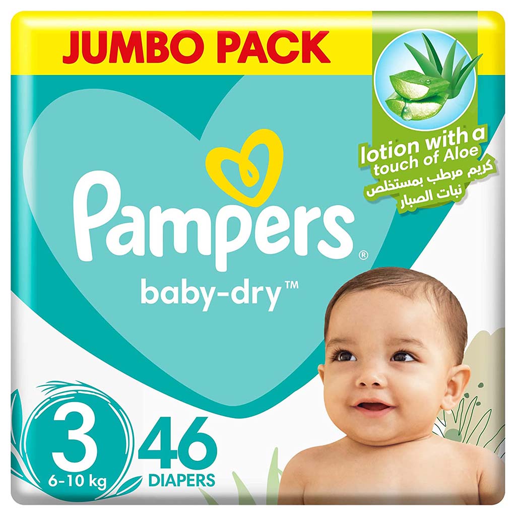 Pampers Baby-Dry Baby Diapers With Aloe Vera, Size 3, 6-10Kg, Jumbo Pack of 46's - Easy Pharmacy LLC
