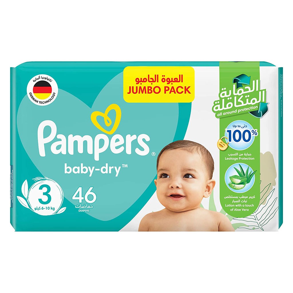 Pampers Baby-Dry Baby Diapers With Aloe Vera, Size 3, 6-10Kg, Jumbo Pack of 46's - Easy Pharmacy LLC