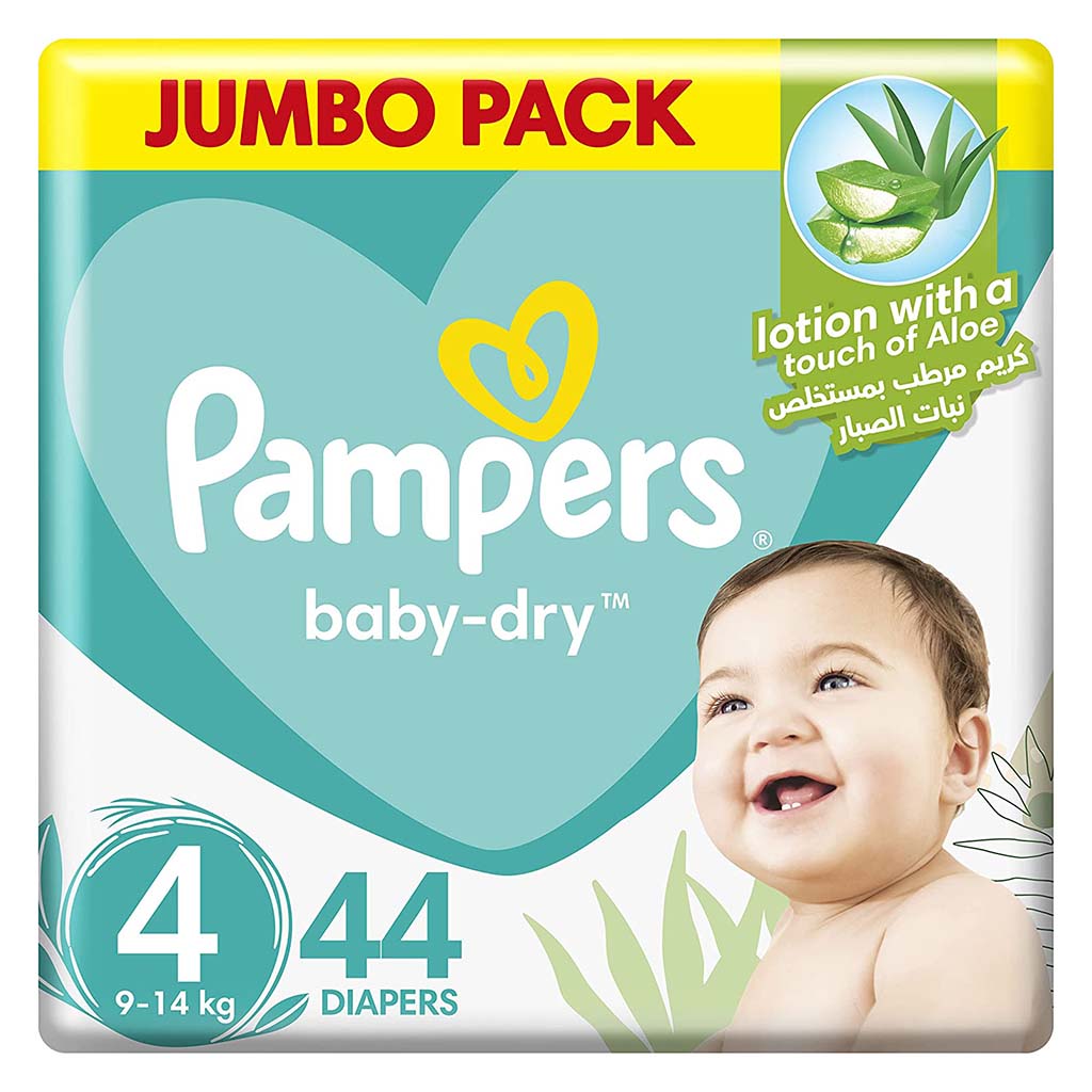 Pampers Baby-Dry Baby Diapers With Aloe Vera, Size 4, 9-14Kg, Jumbo Pack of 44's - Easy Pharmacy LLC