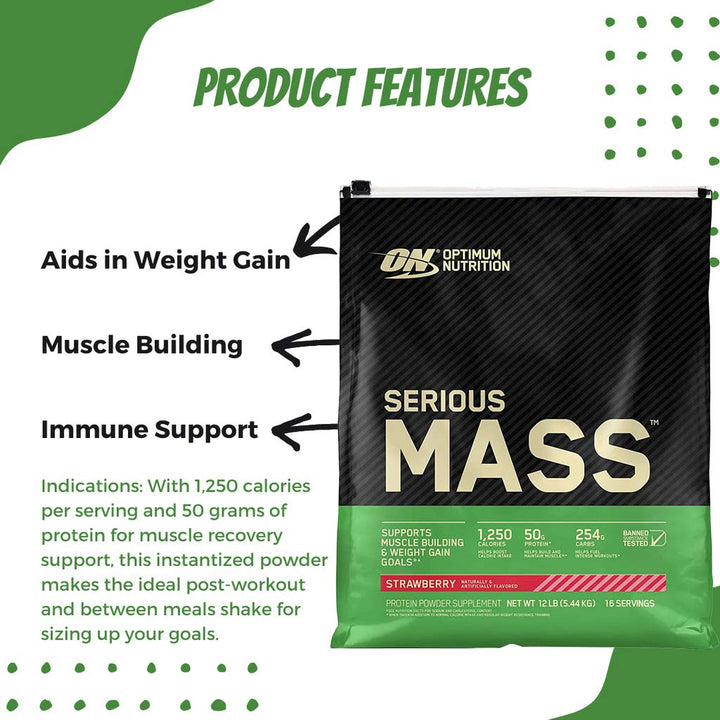 Optimum Nutrition Serious Mass Powder Strawberry 12lb - Easy Pharmacy LLC