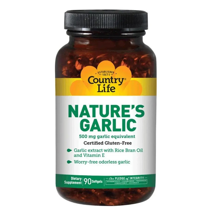 Country Life Nature’s Garlic 500 mg with Rice Bran Oil & Vitamin E – 90 Softgels