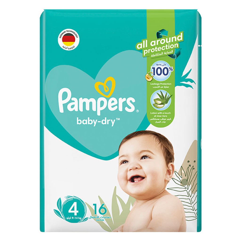 Pampers Baby-Dry Baby Diapers With Aloe Vera, Size 4, 9-14Kg, Pack of 16's - Easy Pharmacy LLC