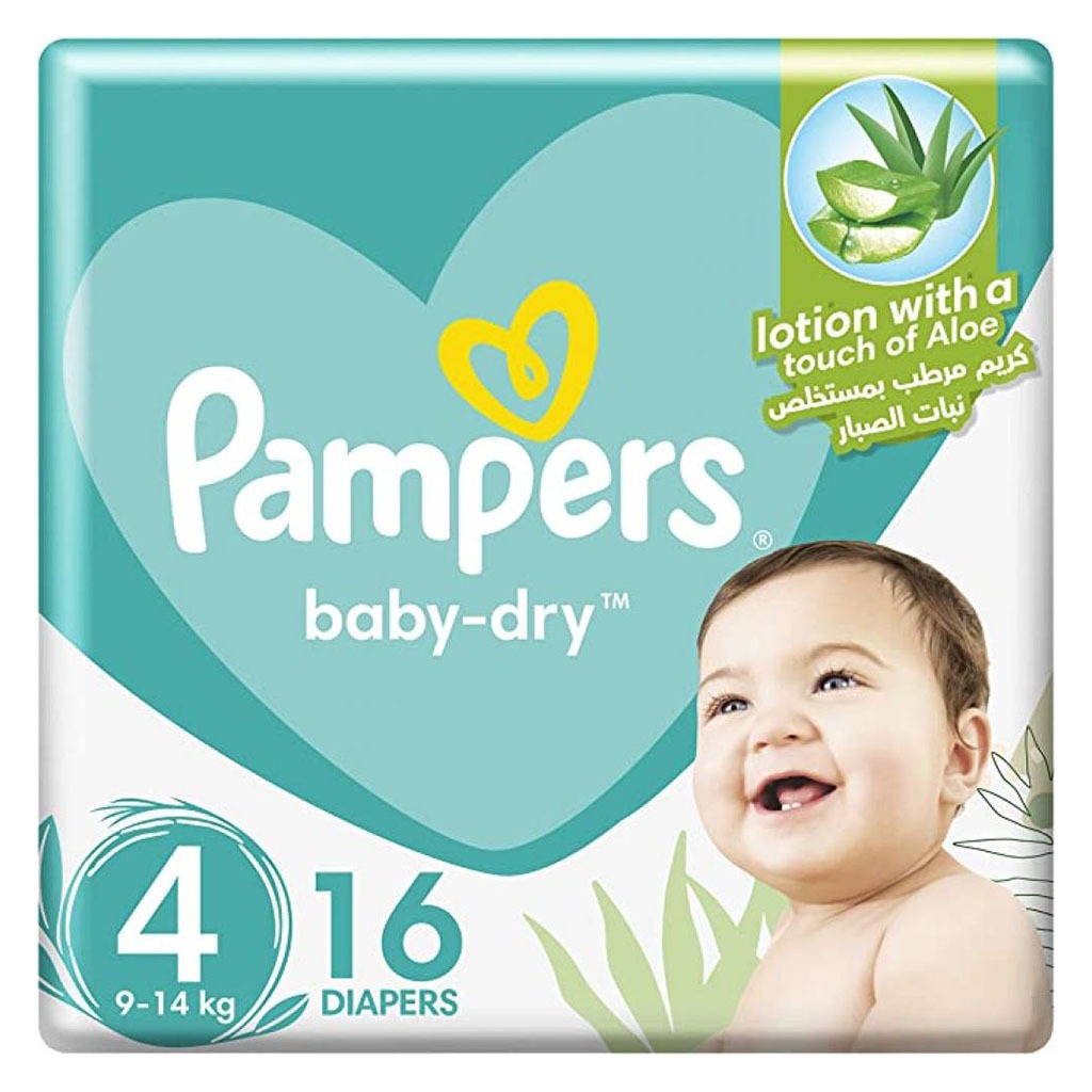 Pampers Baby-Dry Baby Diapers With Aloe Vera, Size 4, 9-14Kg, Pack of 16's - Easy Pharmacy LLC