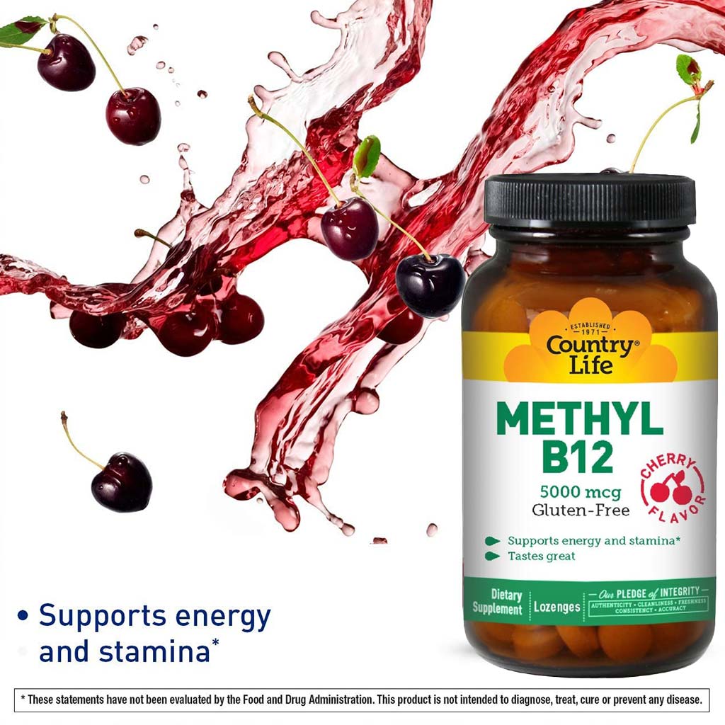 Country Life Methyl B12 5000 mcg Cherry Flavor Lozenges For Energy Support, Pack of 60's - Easy Pharmacy LLC