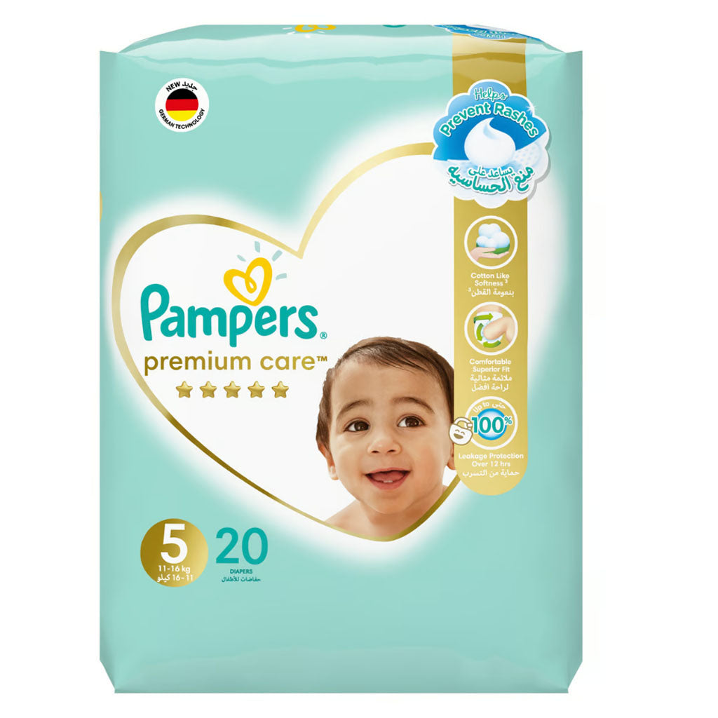 Pampers Premium Care Baby Diapers, Size 5, 11-16Kg, Pack of 20's - Easy Pharmacy LLC