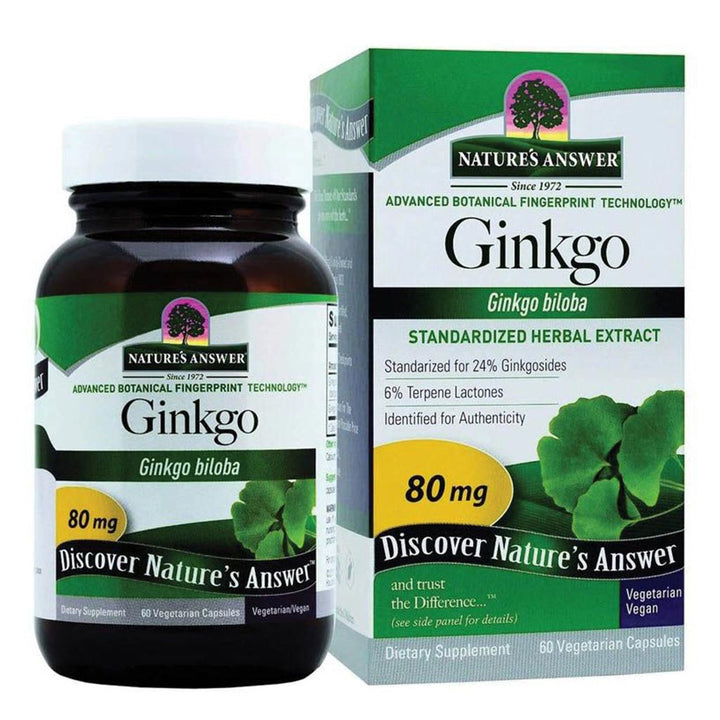 Nature's Answer Ginkgo Biloba 80mg Standardized Herbal Extract Vegan Capsules For Cognitive Support, Pack of 60's - Easy Pharmacy LLC