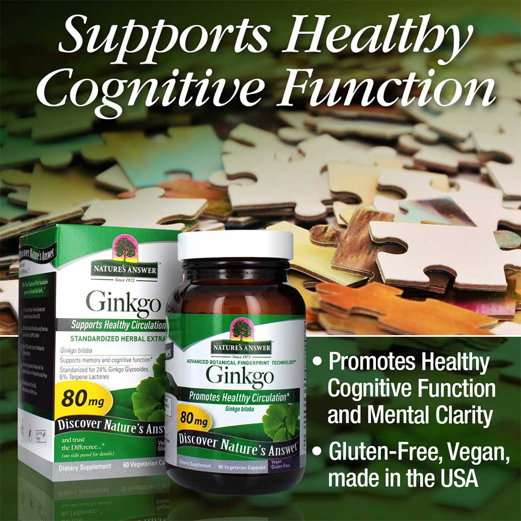 Nature's Answer Ginkgo Biloba 80mg Standardized Herbal Extract Vegan Capsules For Cognitive Support, Pack of 60's - Easy Pharmacy LLC