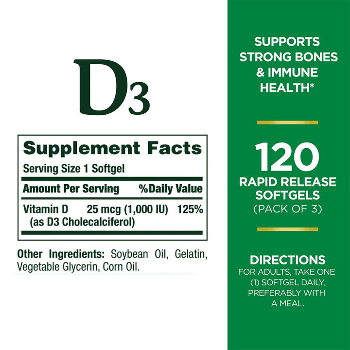 Nature's Bounty Vitamin D3 1000IU Softgels 120's - Easy Pharmacy LLC