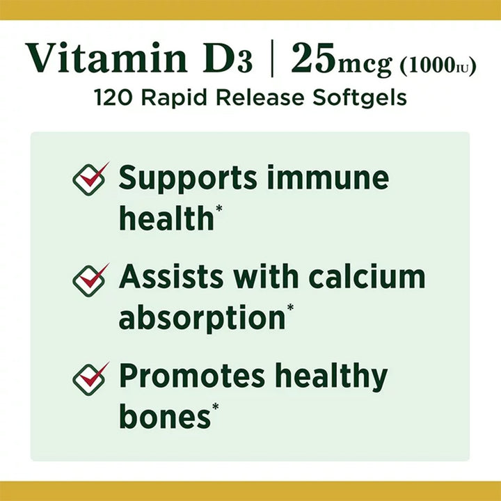Nature's Bounty Vitamin D3 1000IU Softgels 120's - Easy Pharmacy LLC