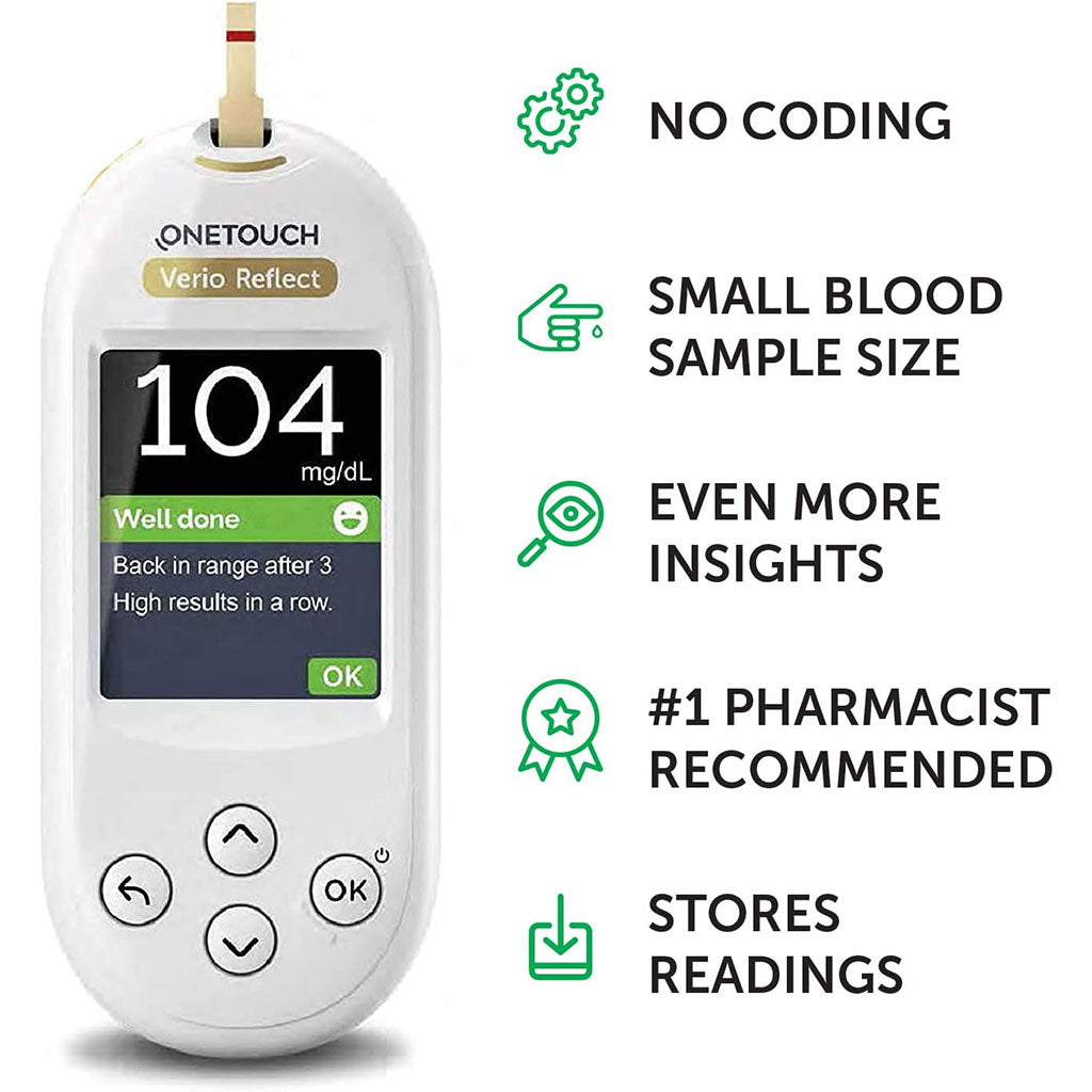 OneTouch Verio Reflect Blood Glucose Monitoring System + OneTouch Verio Test Strips 50's + OneTouch Delica Plus Lancets 100's Offer Pack - Easy Pharmacy LLC