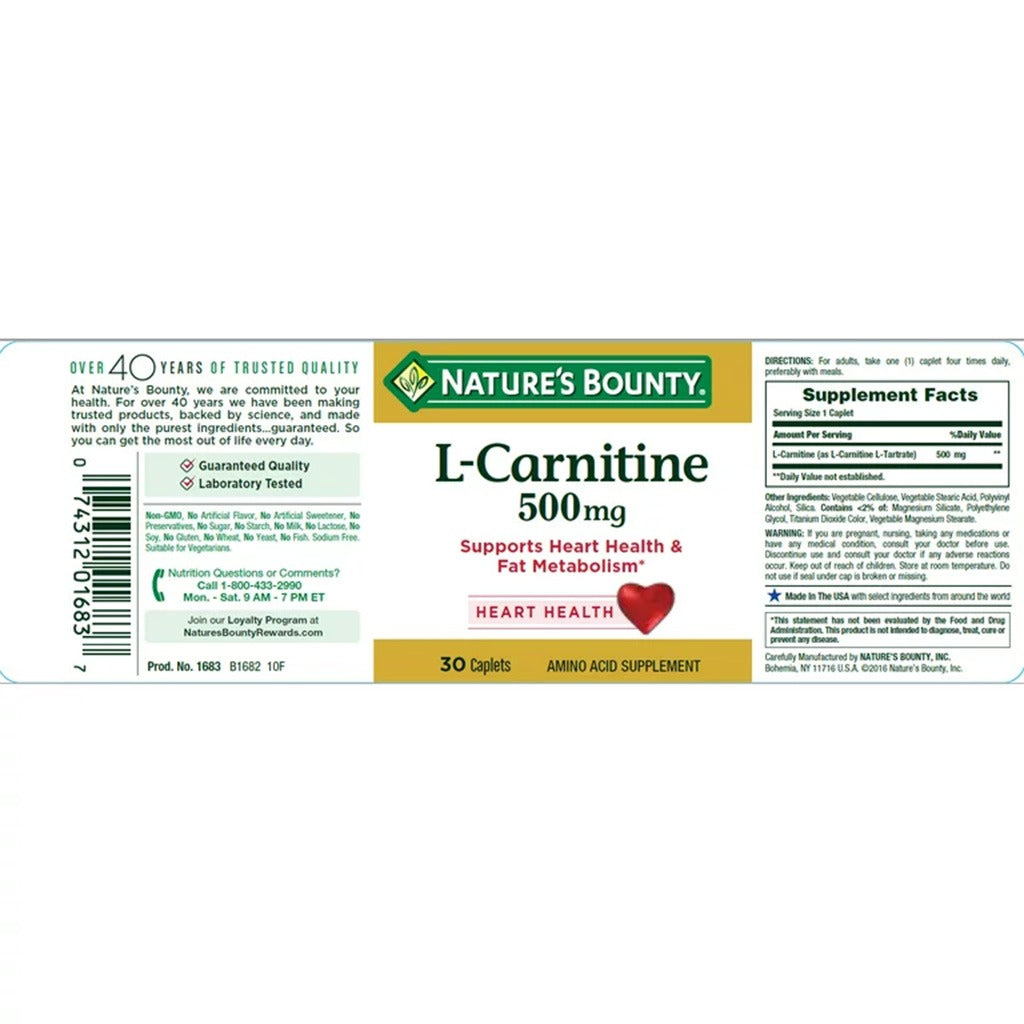 Nature's Bounty L-Carnitine 500 mg Caplets 30's - Easy Pharmacy LLC