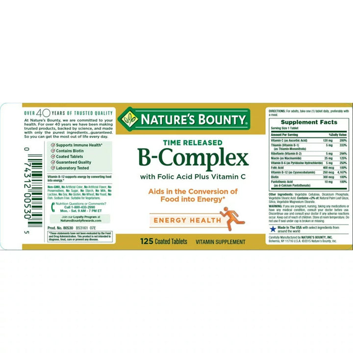 Nature's Bounty B-Complex with Folic Acid Plus Vitamin C Tablets 125's - Easy Pharmacy LLC