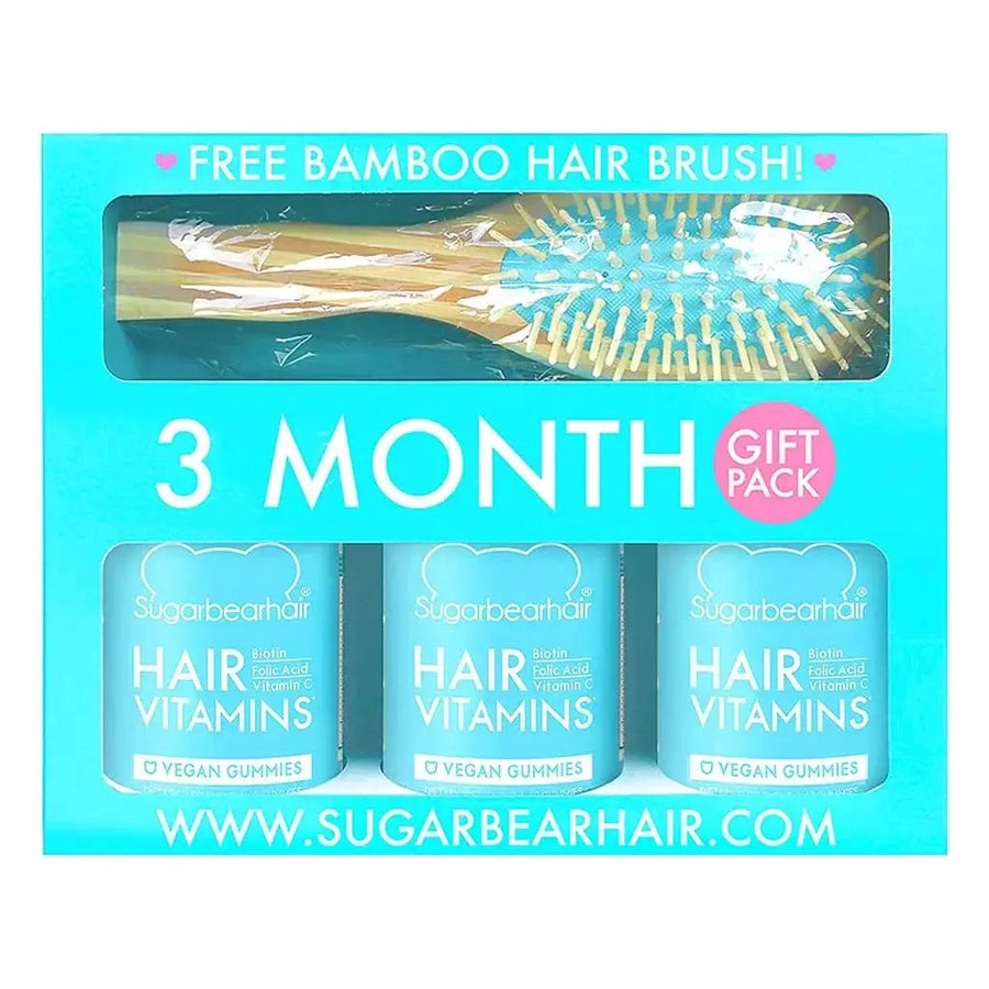 SugarBear Hair Vitamins Vegan Gummies 3-Month Gift Pack with Bamboo Hair Brush, 60 Gummies