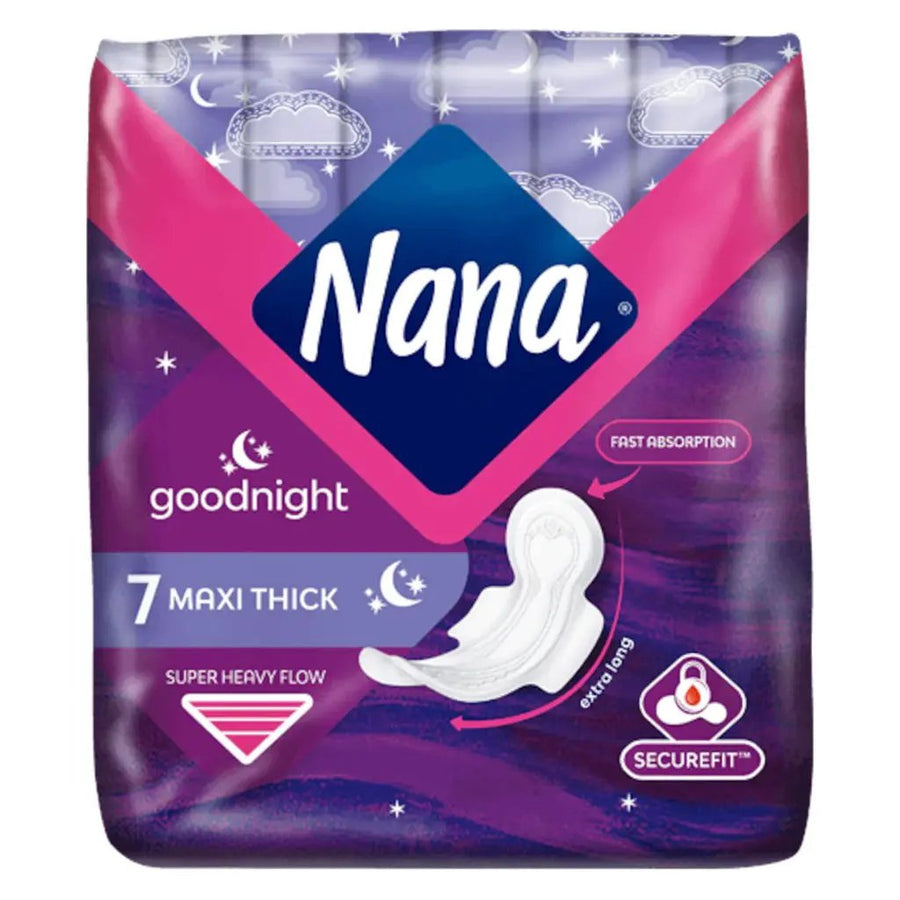 Nana Goodnight Maxi Extra Long Thick Sanitary Pads with Wings for Super Heavy Flow, 7 Pads