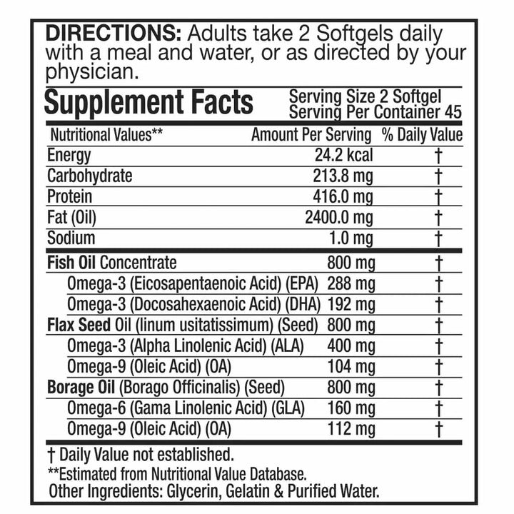 Natural Fervor Omega 3 6 9 Flaxseed Oil, Borage Seed Oil, Fish Oil Supplement Softgels, Pack of 90's - Easy Pharmacy LLC