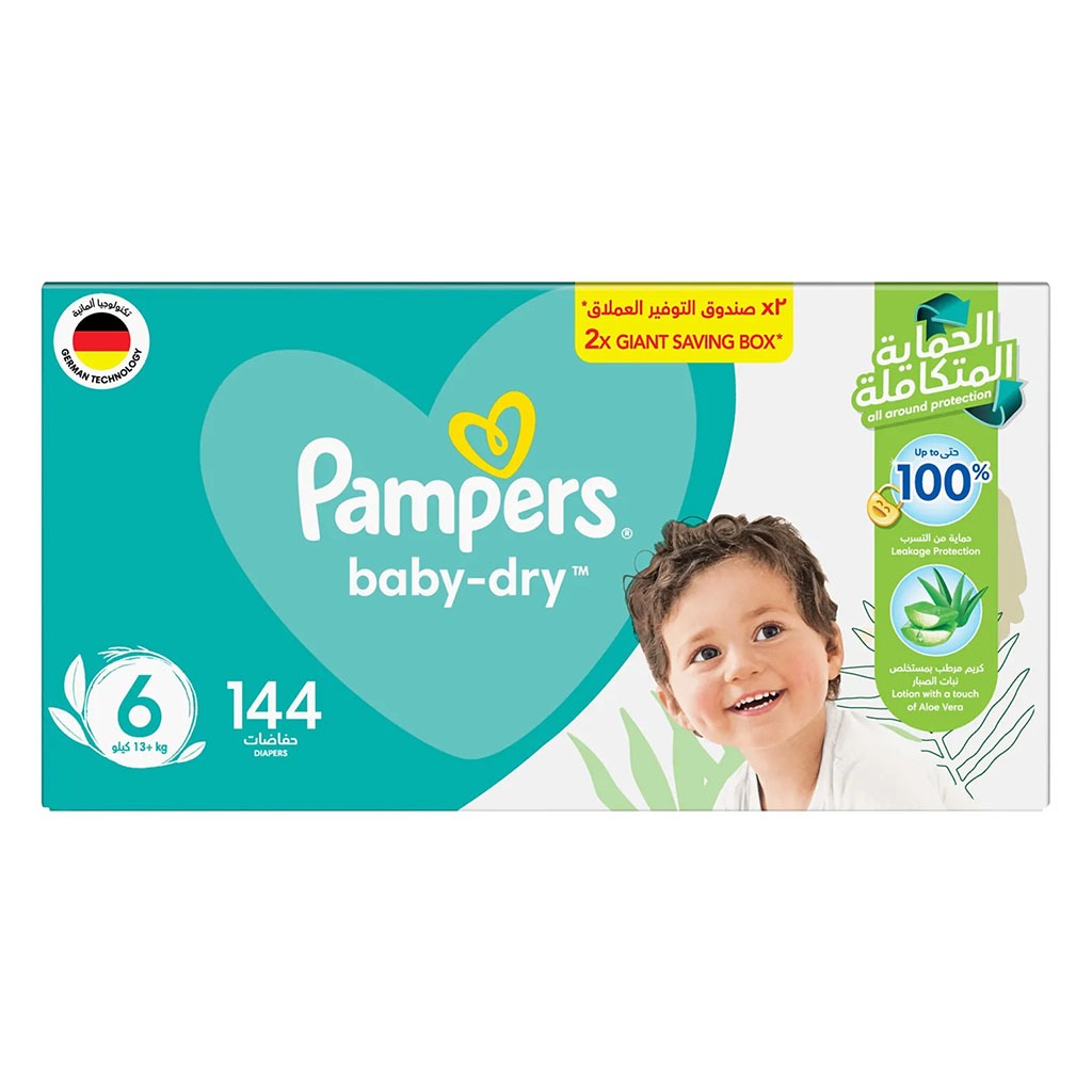 Pampers Baby-Dry Baby Diapers With Aloe Vera, Size 6, 13+Kg, Giant Saving Pack of 144's - Easy Pharmacy LLC