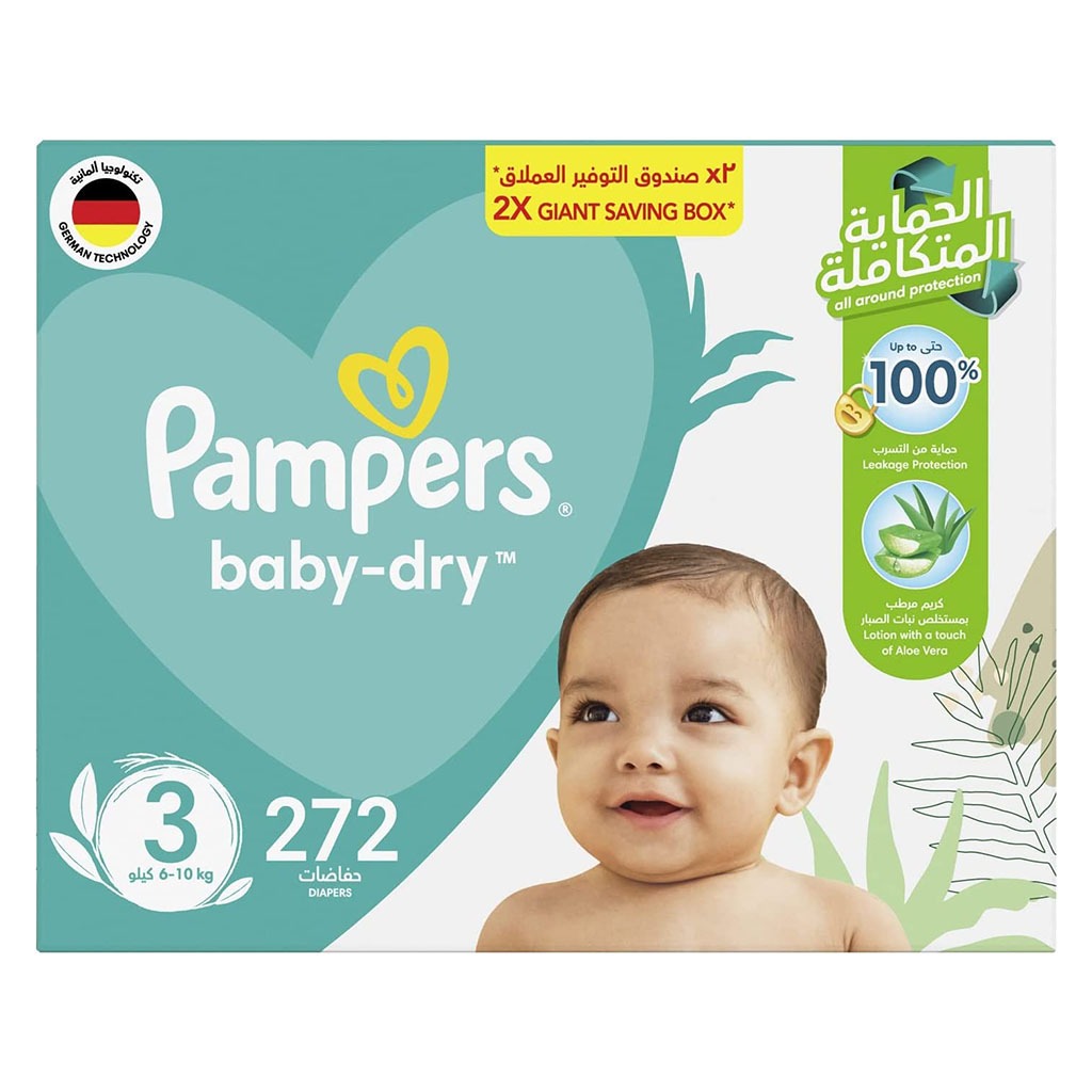 Pampers Baby-Dry Baby Diapers With Aloe Vera, Size 3, 6-10Kg, Giant Saving Pack of 272's - Easy Pharmacy LLC