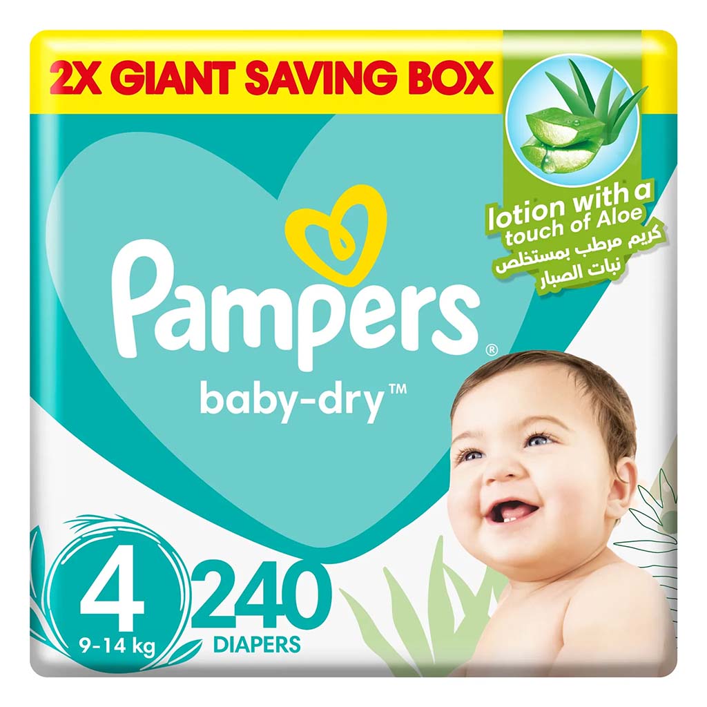 Pampers Baby-Dry Baby Diapers With Aloe Vera, Size 4, 9-14Kg, Giant Saving Pack of 240's - Easy Pharmacy LLC