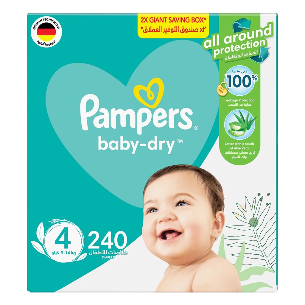 Pampers Baby-Dry Baby Diapers With Aloe Vera, Size 4, 9-14Kg, Giant Saving Pack of 240's - Easy Pharmacy LLC