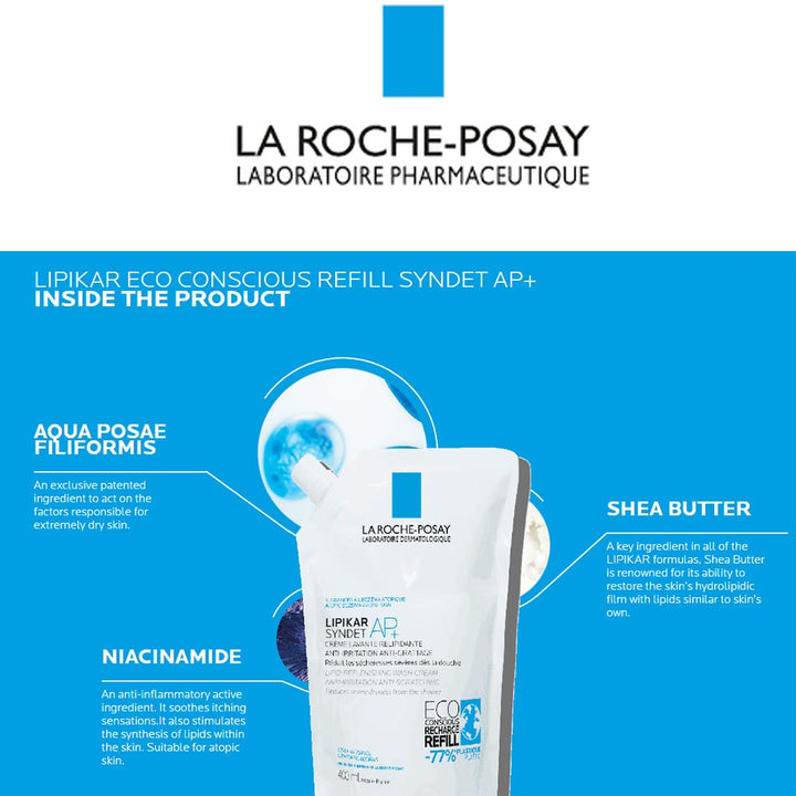 La Roche-Posay Lipikar Syndet AP+ Anti-Irritation & Anti-Scratching Cream Wash, Eco-Conscious Refill Pack 400ml - Easy Pharmacy LLC