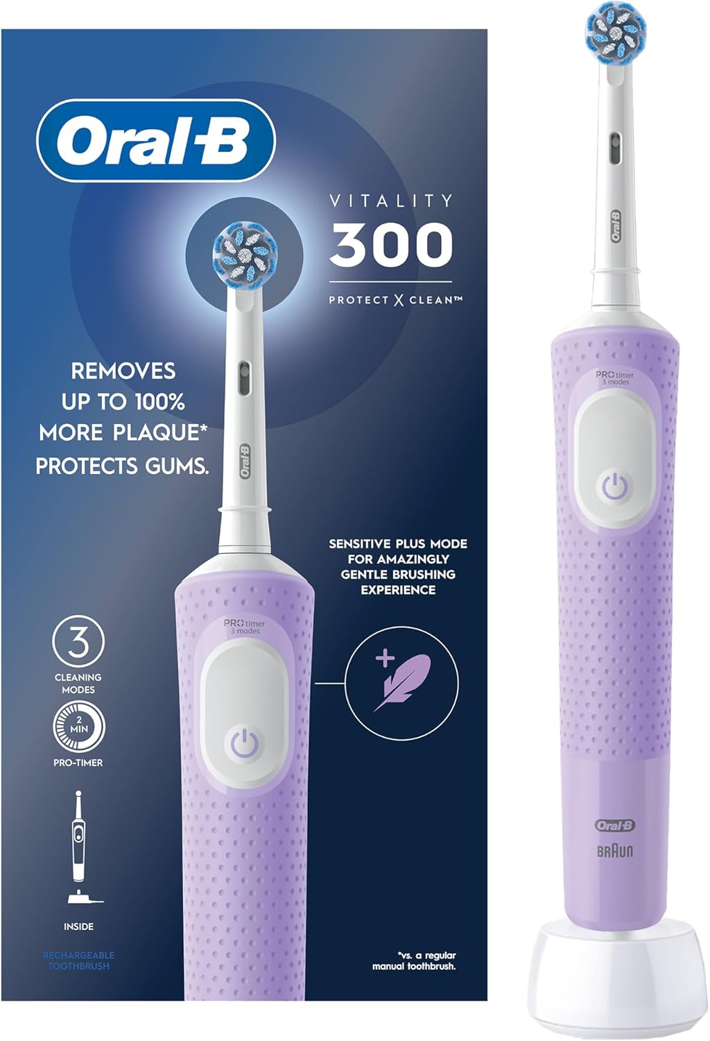 Oral-B Vitality 300 Rechargeable Toothbrush with CrossAction Brush Head, 3 Cleaning Modes & 2 Minutes Built-in Timer D103.413.3