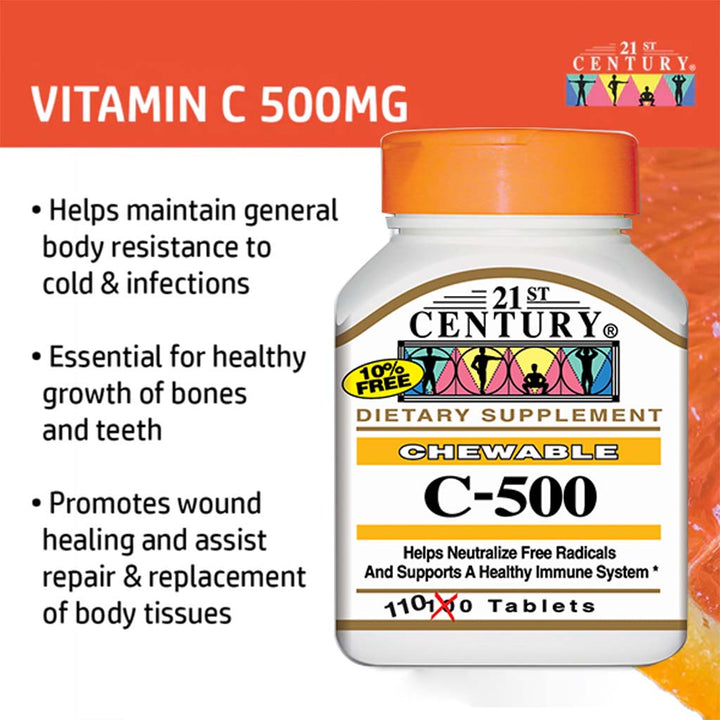 21st Century C-500 Chewable Vitamin C Tablets For Antioxidant & Immunity Support, Pack of 110's - Easy Pharmacy LLC