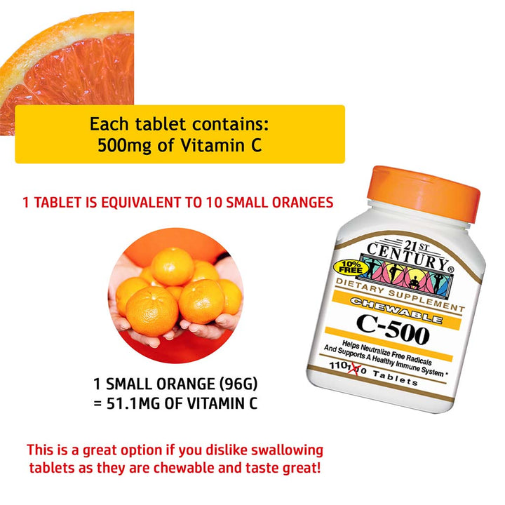 21st Century C-500 Chewable Vitamin C Tablets For Antioxidant & Immunity Support, Pack of 110's - Easy Pharmacy LLC
