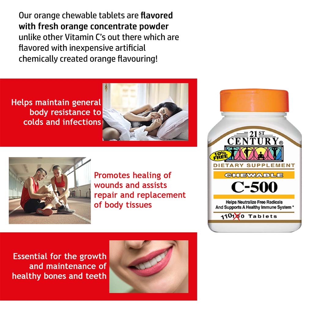 21st Century C-500 Chewable Vitamin C Tablets For Antioxidant & Immunity Support, Pack of 110's - Easy Pharmacy LLC