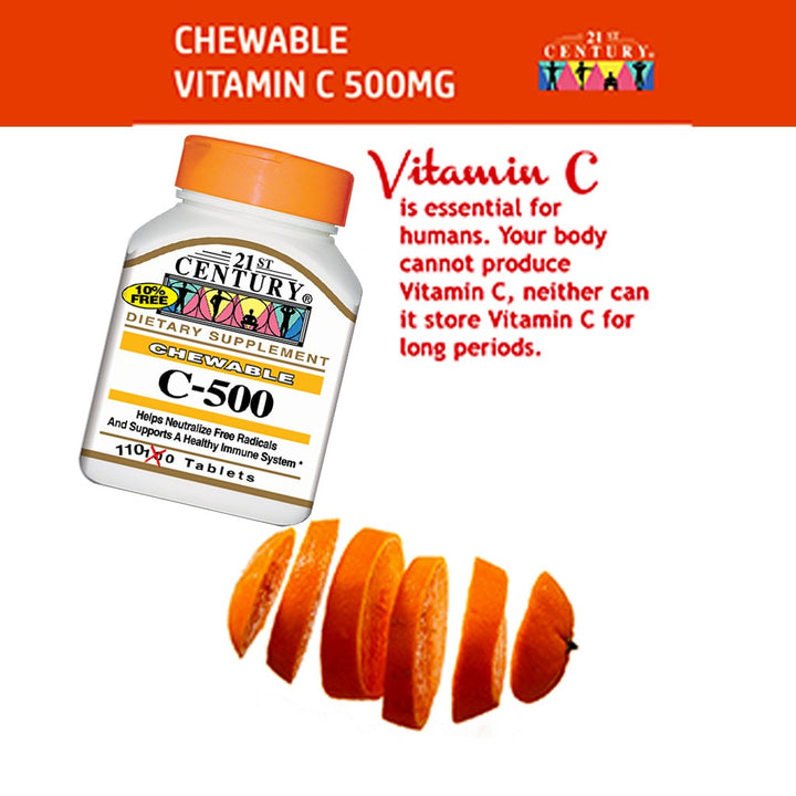 21st Century C-500 Chewable Vitamin C Tablets For Antioxidant & Immunity Support, Pack of 110's - Easy Pharmacy LLC