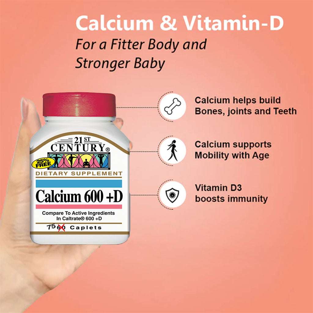 21st Century Calcium 600 + D Caplets For Bone Health, Pack of 75's - Easy Pharmacy LLC