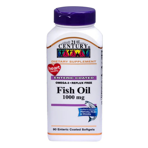 21st Century Omega-3 Reflux Free 1000 mg Fish Oil Softgels – Heart & Wellness Support Supplement, 90 Count