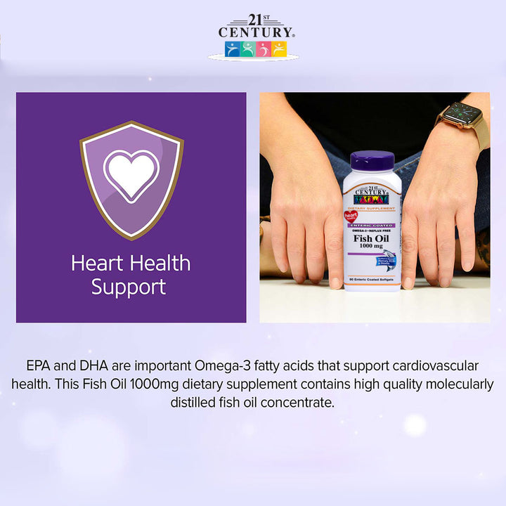 21st Century Omega 3 Reflux Free 1000mg Fish Oil Supplement Softgels, Pack of 90's - Easy Pharmacy LLC