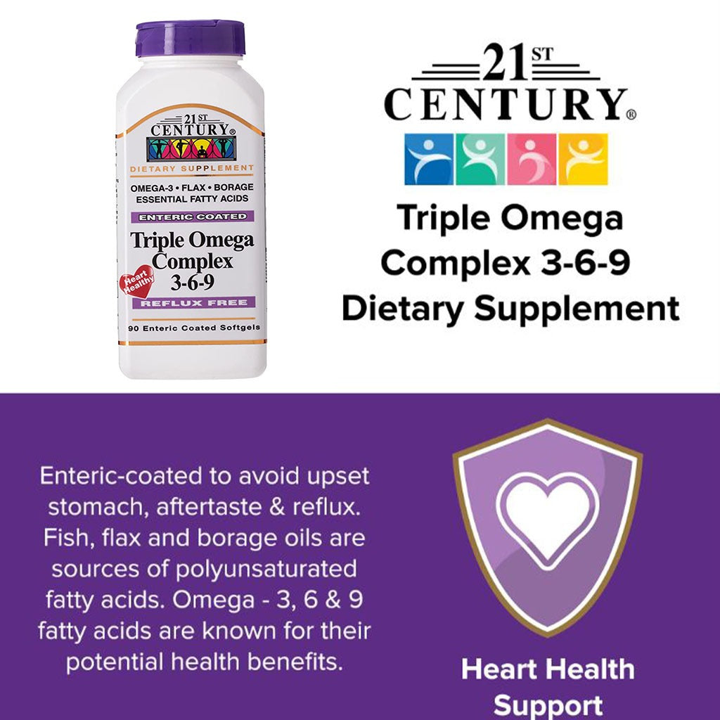 21st Century Triple Omega 3 6 9 Flaxseed Oil, Borage Seed Oil, Fish Oil Supplement Softgels, Pack of 90's - Easy Pharmacy LLC