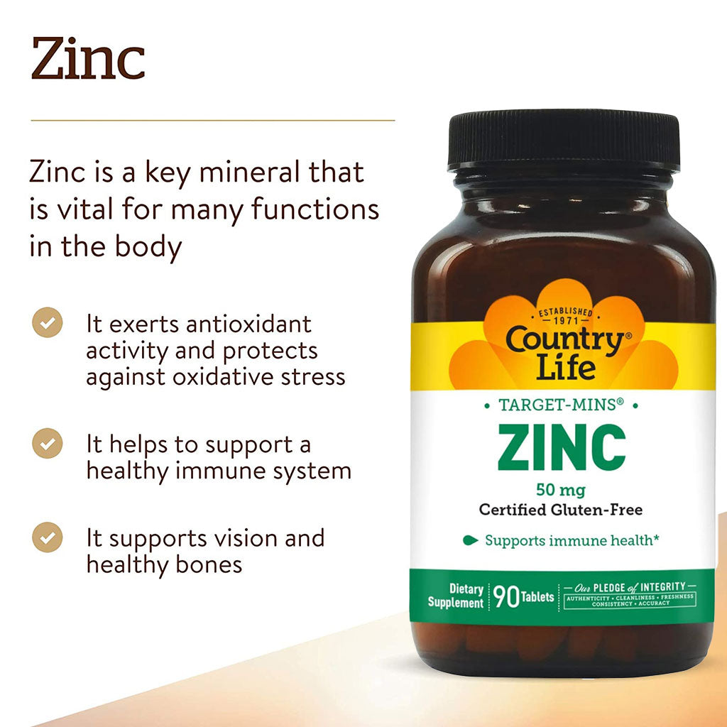 Country Life Zinc Target-Mins® 50 mg Tablets For Immune Health, Pack of 90's - Easy Pharmacy LLC
