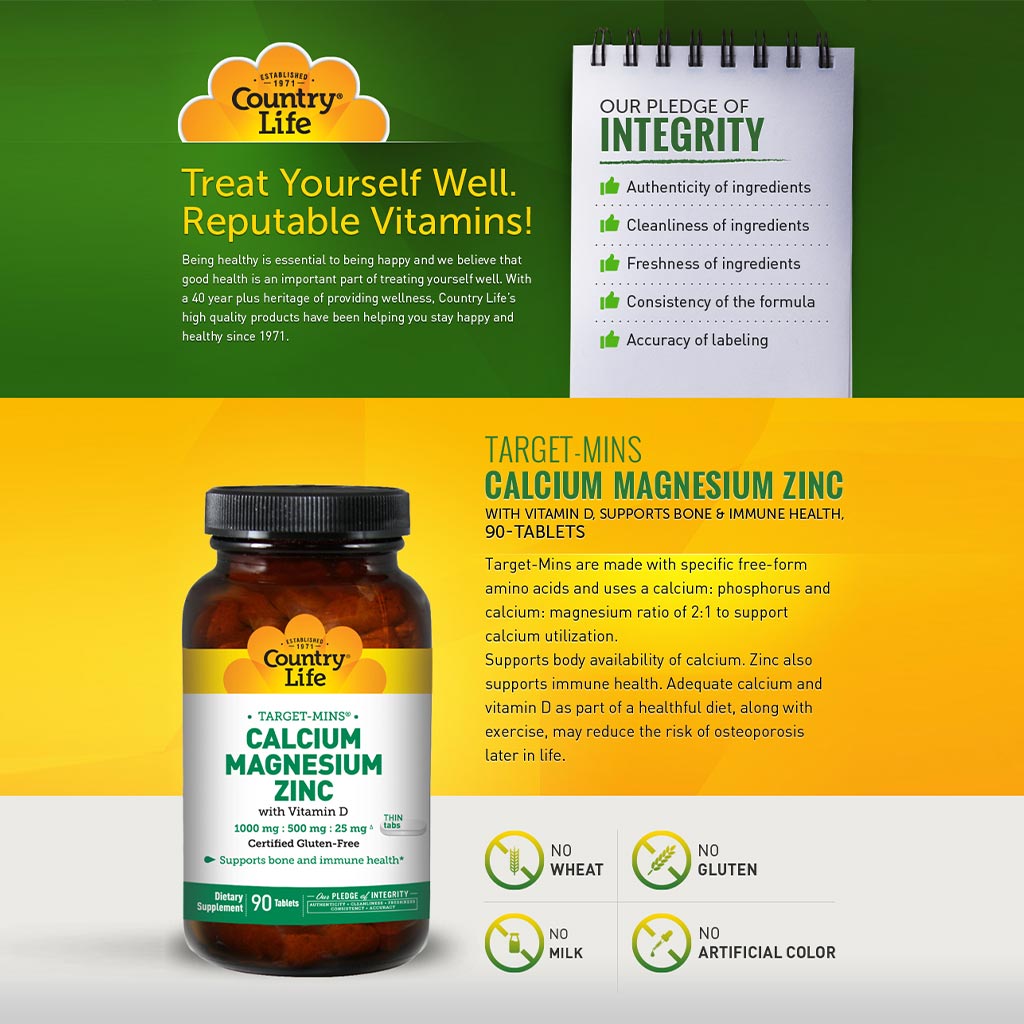 Country Life Calcium Magnesium & Zinc Tablet With Vitamin D For Bone & Immune Health, Pack of 90's - Easy Pharmacy LLC