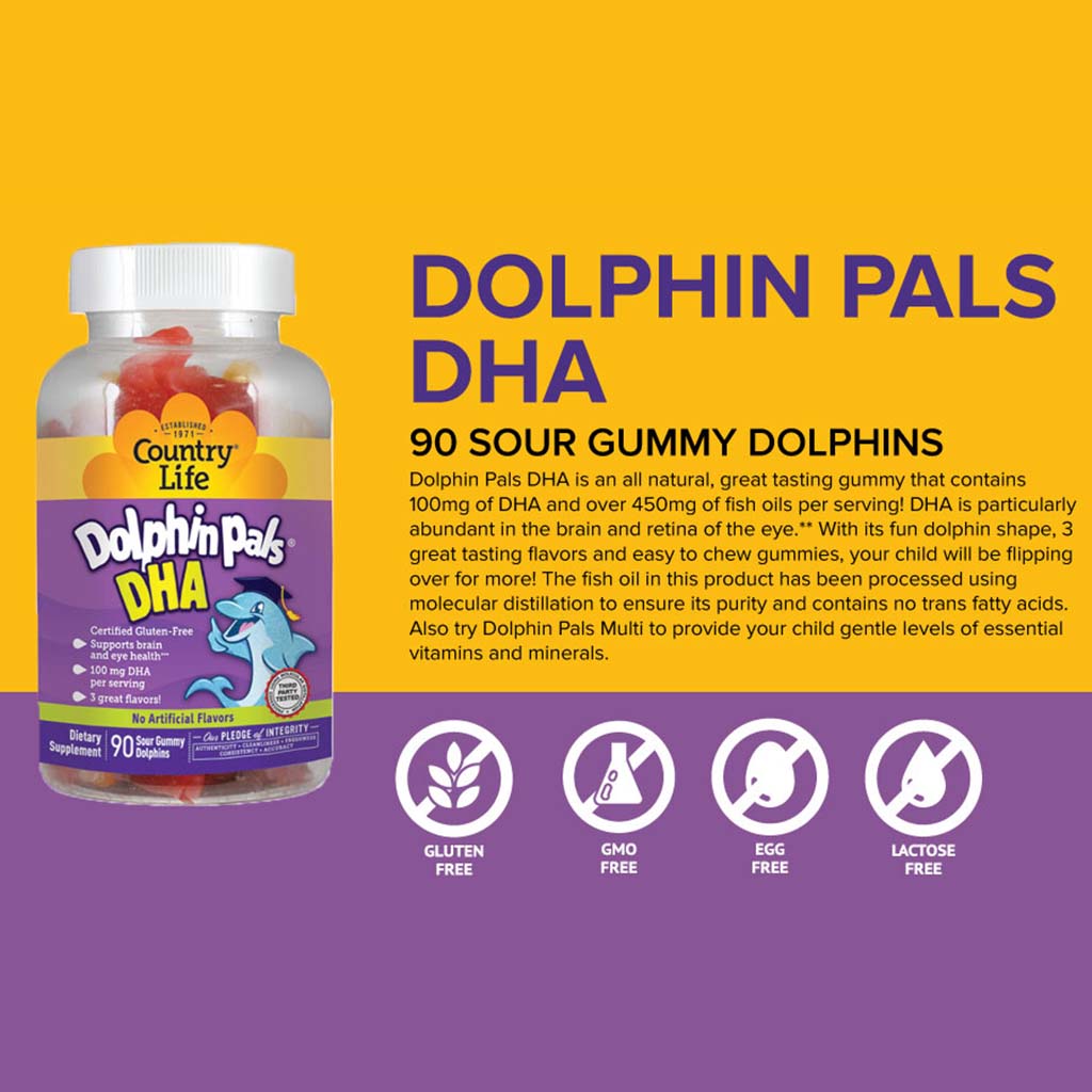 Country Life Dolphin Pals DHA Gluten-Free Sour Gummies For Kids, Pack of 90's - Easy Pharmacy LLC