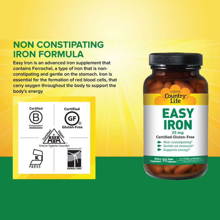 Country Life Easy Iron 25 mg Iron Deficiency Supplement Capsules, Pack of 90's - Easy Pharmacy LLC