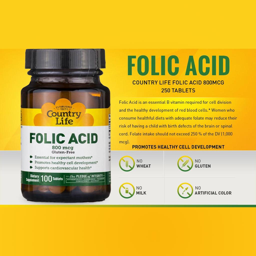 Country Life Folic Acid 800 mcg Supplement Tablets For Pregnancy, Pack of 100's - Easy Pharmacy LLC