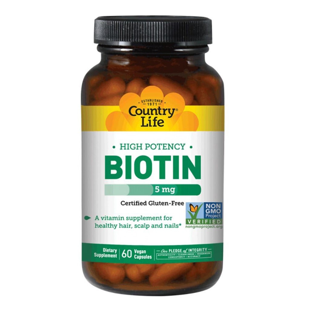 Country Life High Potency Biotin 5 mg Gluten-Free Vegan Capsules For Hair, Scalp & Nails, Pack of 60's - Easy Pharmacy LLC