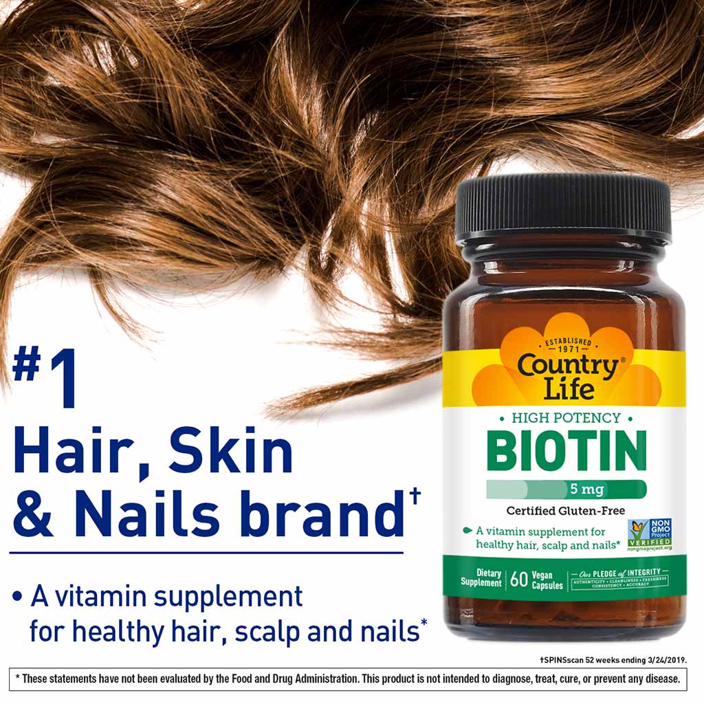 Country Life High Potency Biotin 5 mg Gluten-Free Vegan Capsules For Hair, Scalp & Nails, Pack of 60's - Easy Pharmacy LLC