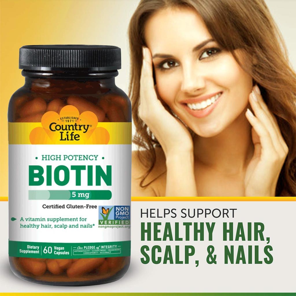 Country Life High Potency Biotin 5 mg Gluten-Free Vegan Capsules For Hair, Scalp & Nails, Pack of 60's - Easy Pharmacy LLC