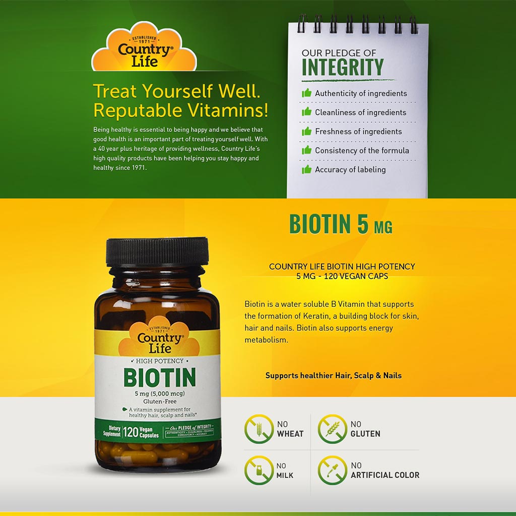 Country Life High Potency Biotin 5 mg Gluten-Free Vegan Capsules For Hair, Scalp & Nails, Pack of 60's - Easy Pharmacy LLC