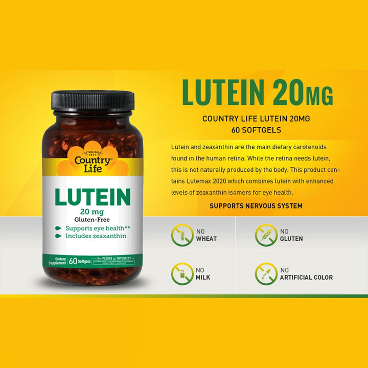 Country Life Lutein 20 mg & Zeaxanthin Softgel For Eye Health, Pack of 60's - Easy Pharmacy LLC