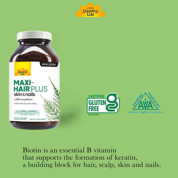 Country Life Maxi-Hair Plus Biotin 5000mcg Skin, Hair & Nails Supplement Capsules, Pack of 120's - Easy Pharmacy LLC