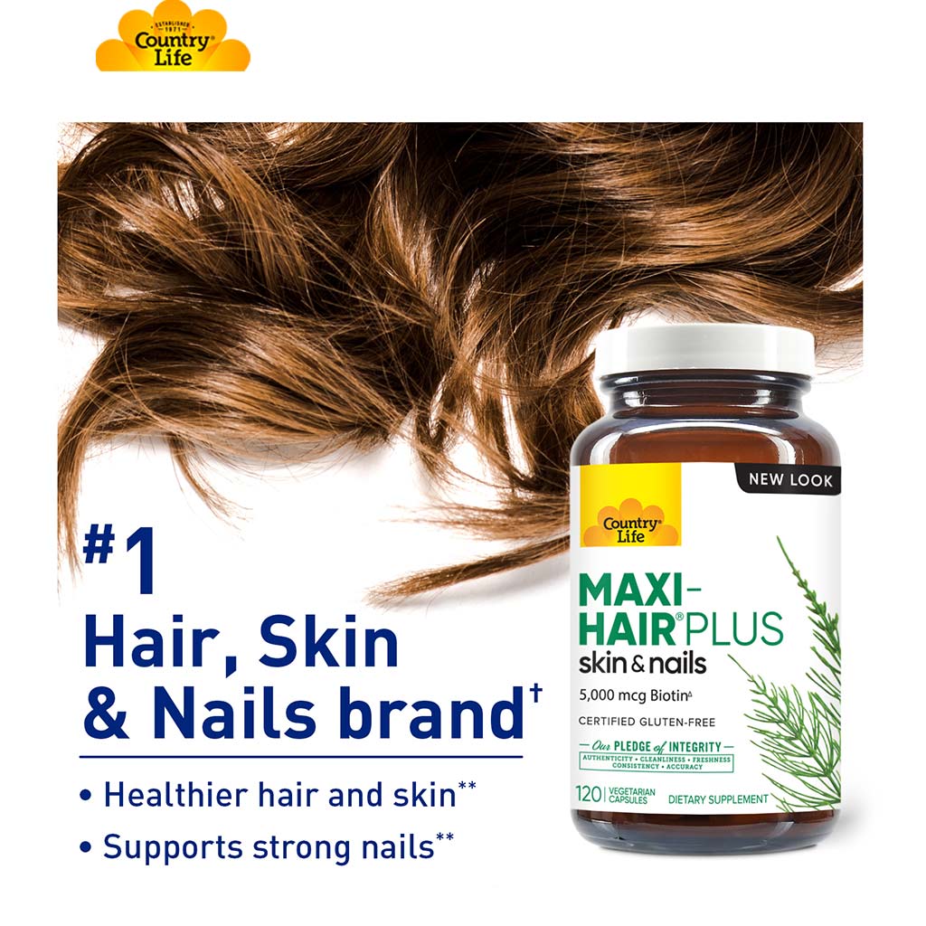 Country Life Maxi-Hair Plus Biotin 5000mcg Skin, Hair & Nails Supplement Capsules, Pack of 120's - Easy Pharmacy LLC