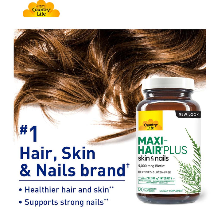 Country Life Maxi-Hair Plus Biotin 5000mcg Skin, Hair & Nails Supplement Capsules, Pack of 120's - Easy Pharmacy LLC