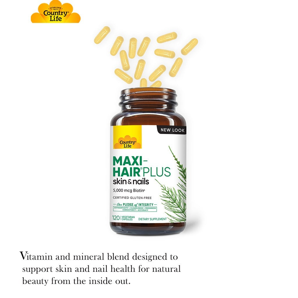 Country Life Maxi-Hair Plus Biotin 5000mcg Skin, Hair & Nails Supplement Capsules, Pack of 120's - Easy Pharmacy LLC
