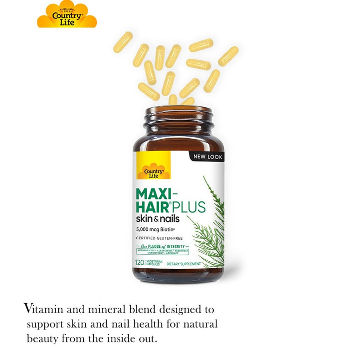Country Life Maxi-Hair Plus Biotin 5000mcg Skin, Hair & Nails Supplement Capsules, Pack of 120's - Easy Pharmacy LLC