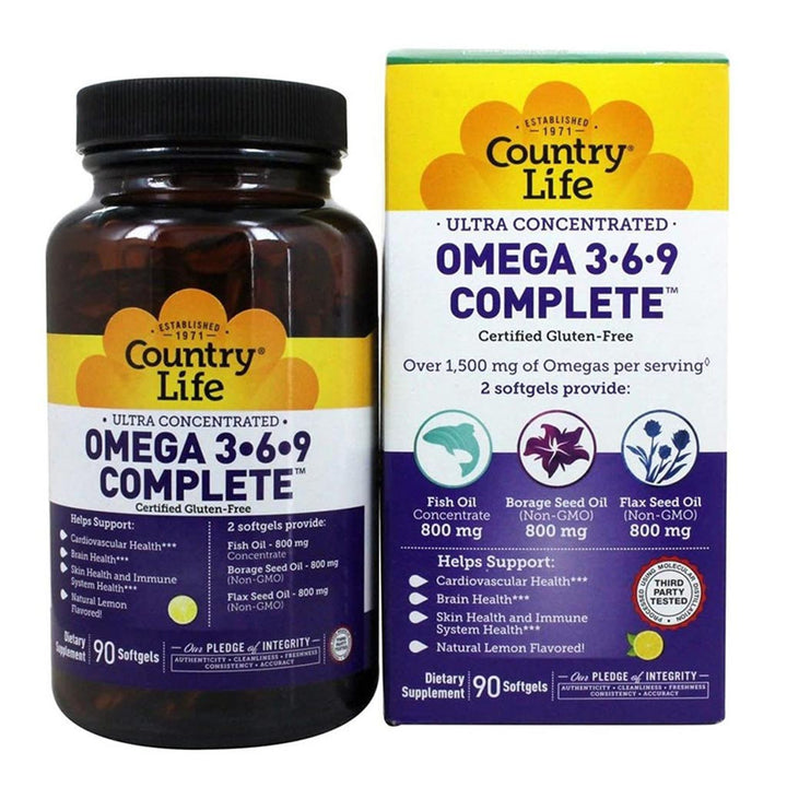 Country Life Complete Omega 3 6 9 Flaxseed Oil, Borage Seed Oil, Fish Oil Supplement Softgels, Pack of 90's - Easy Pharmacy LLC